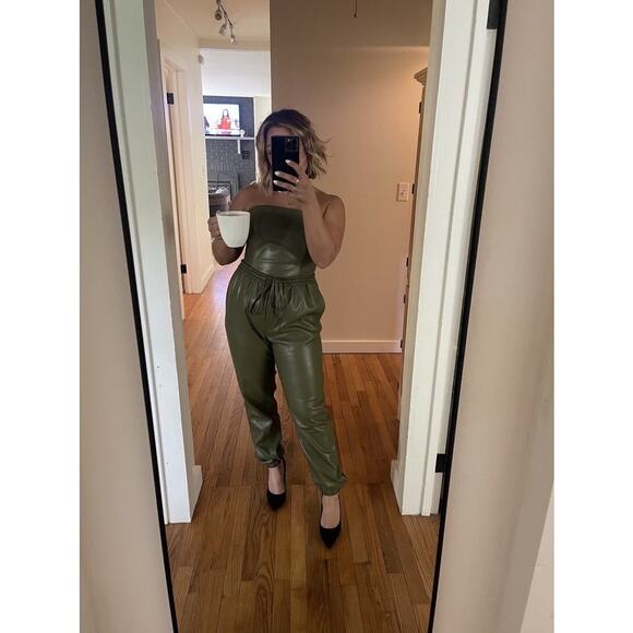 NATORI Olive Faux Lambskin Elastic Drawstring Side Pockets Slim Silhouette sz L - Picture 1 of 16